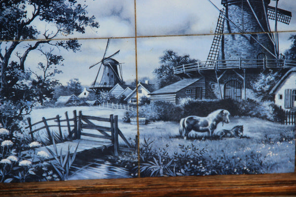 Vintage DELFT Blue white pottery tiles landscape scene serving tray plate