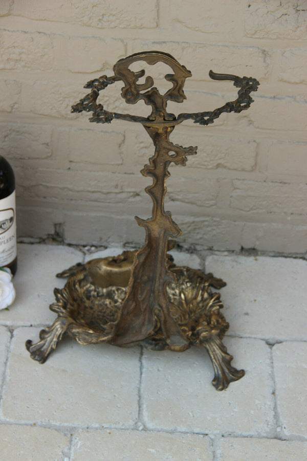 French vintage 1950 Bronze umbrella stand holder hunt trophy rabbit dog horn