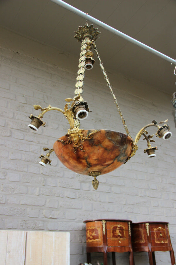 Gorgeous French amber alabaster bowl coupe caryatid heads chandelier lamp