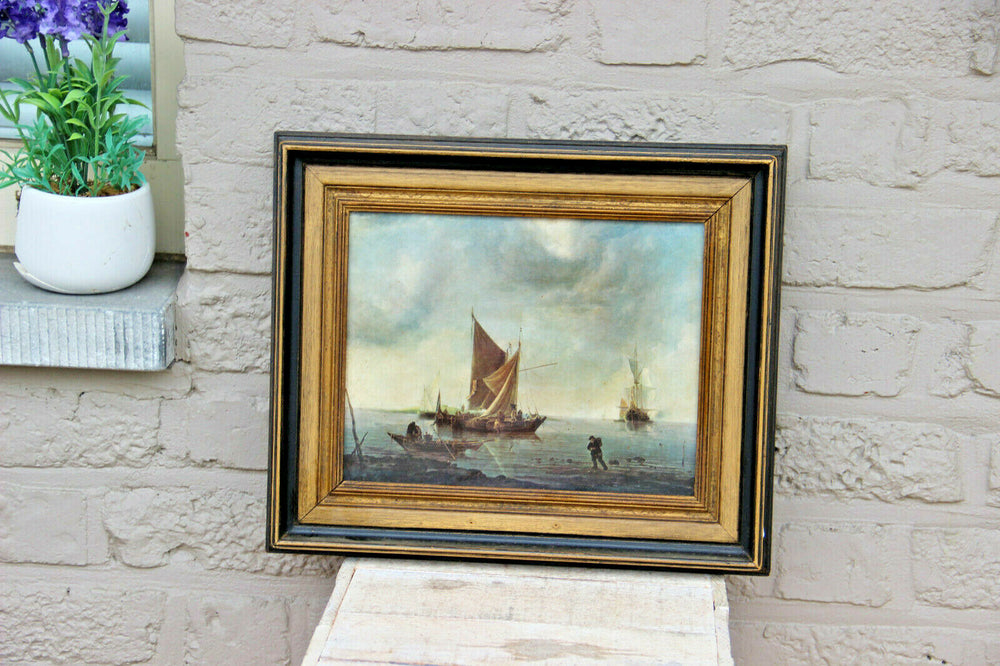 Vintage oil canvas painting fisherman boats maritime 1970s