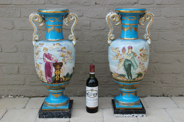Majestical PAIR French romantic putti  Vases in sevres porcelain marble base