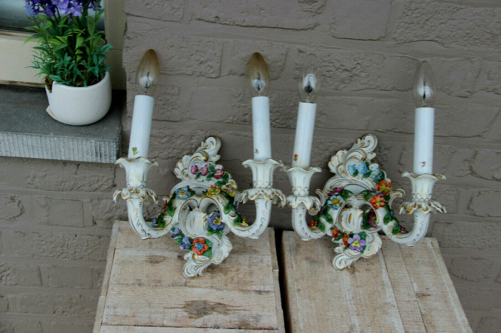 PAIR antique German Dresden porcelain marked majolica flowers wall sconces light