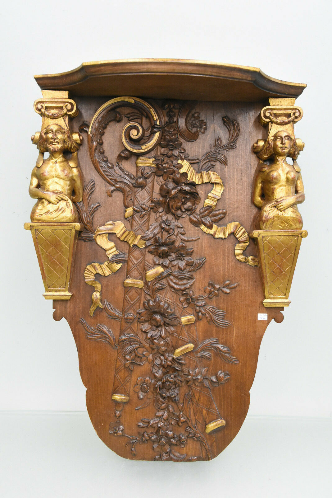 XL Antique French wood carved Caryatid figurine wall console plaque relief rare