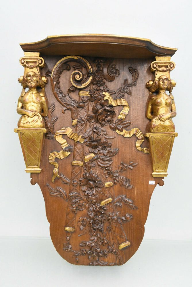 XL Antique French wood carved Caryatid figurine wall console plaque relief rare