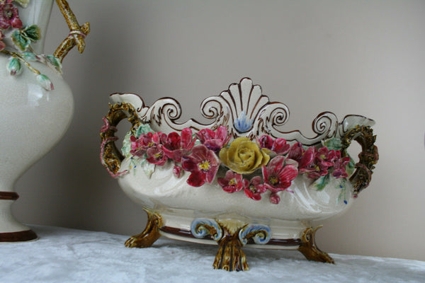 Huge Mantle set Barbotine majolica Garniture vases centerpiece set 1900 French