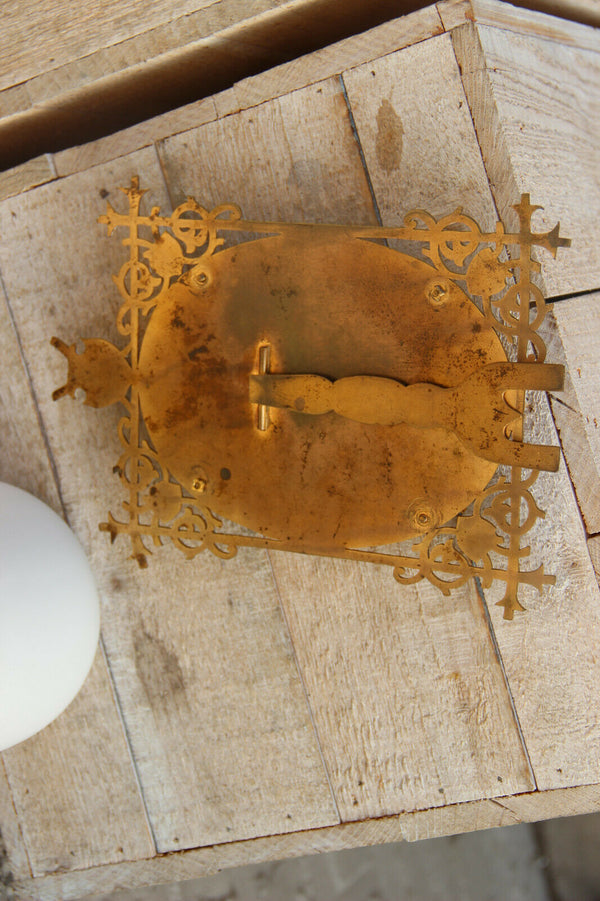 Rare french antique brass inlaid stones enamel porcelain medaillon picture frame