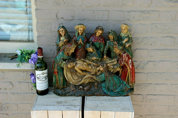 Antique XL 1800s Flemish wood carved gothic religious statue jesus group