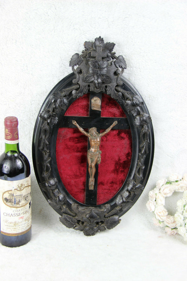 Antique French napoleon III Black wood carved crucifix bronze christ religious