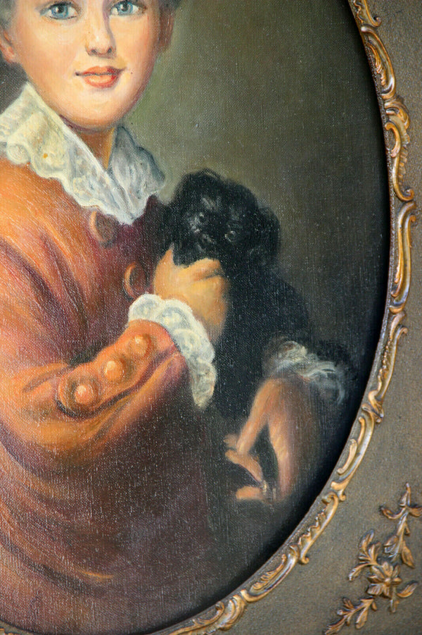 Top Antique French 1900 Oil Canvas painting child with dog portrait signed