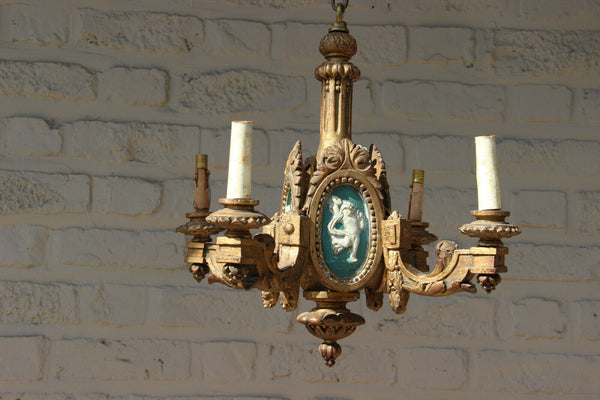 Antique French Wood carved  chandelier putti Angel scenes medaillon wedgwood