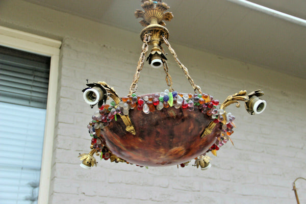Antique French Chandelier alabaster Amber bowl murano glass grape floral rim