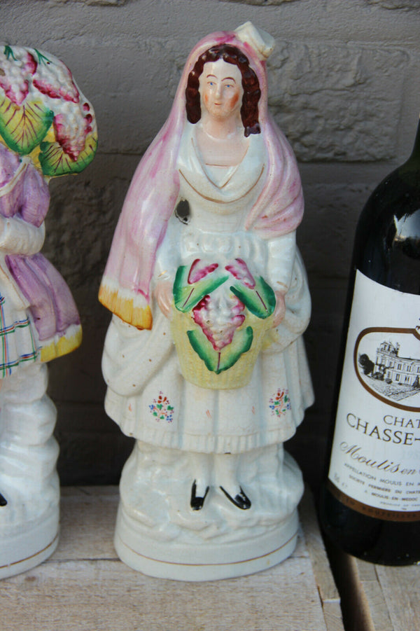 PAIR Antique victorian STAFFORDSHIRE pottery Statue figurine scottish flower