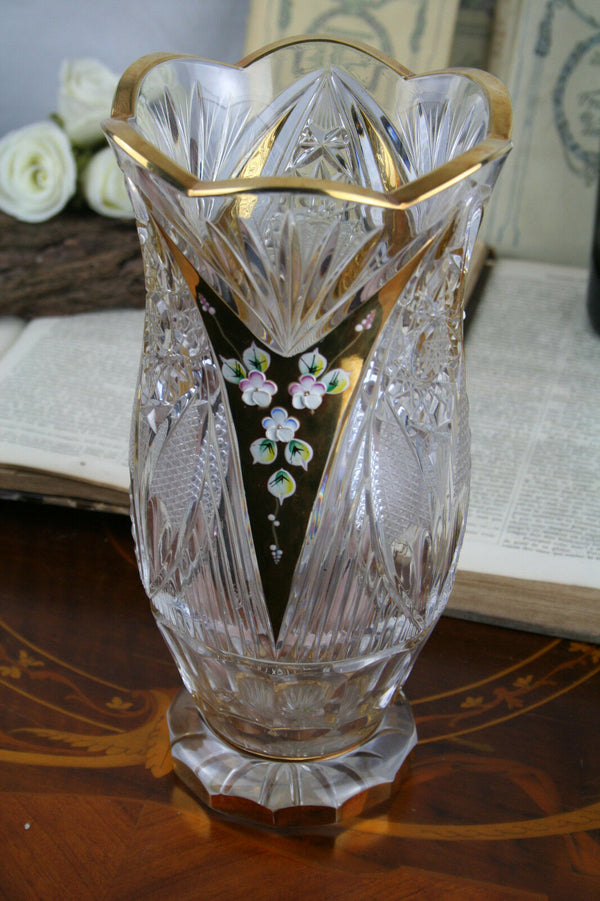 Gorgeous CRYSTAL CZECH Bohemian Vase enameled Encrusted flowers
