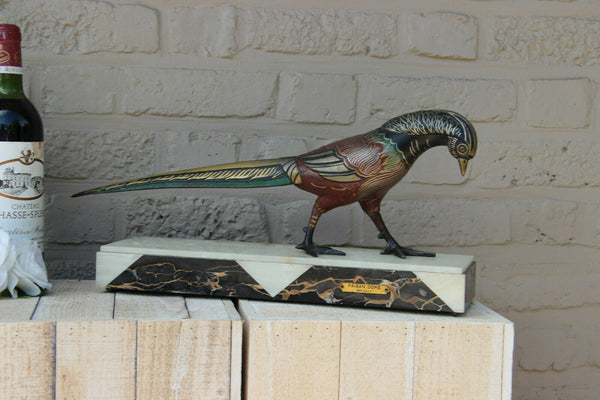 French ART DECO 1930 Spelter bronze pheasant marble polychrome marked
