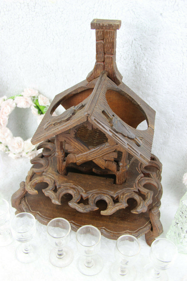 Antique BLACK Forest wood carved bar  cave cabinet swiss caraf shot glass