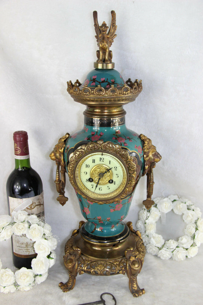 French antique Clock faience Polychrome bird dragon chimaera top lion heads