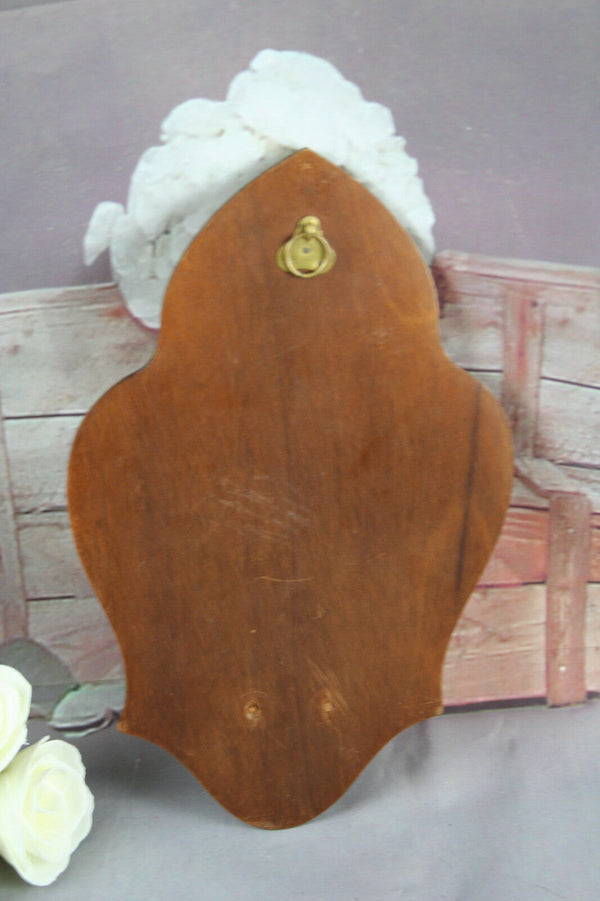 Antique FRench 1900 Brass Bronze Holy water font benitier Louis XV wood plaque