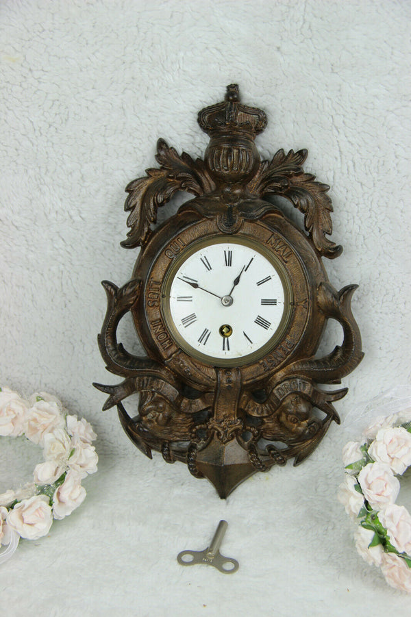 Vintage French spelter bronze anchor dolphin fish knight wall clock rare