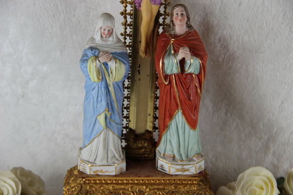 Antique French Crucifix porcelain figurines Calvary chalkware christ 1920's