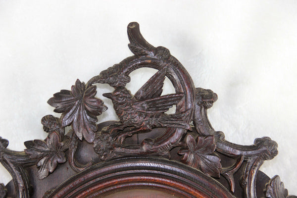 Antique XIX German black forest Wood carved Birds hunting wall clock