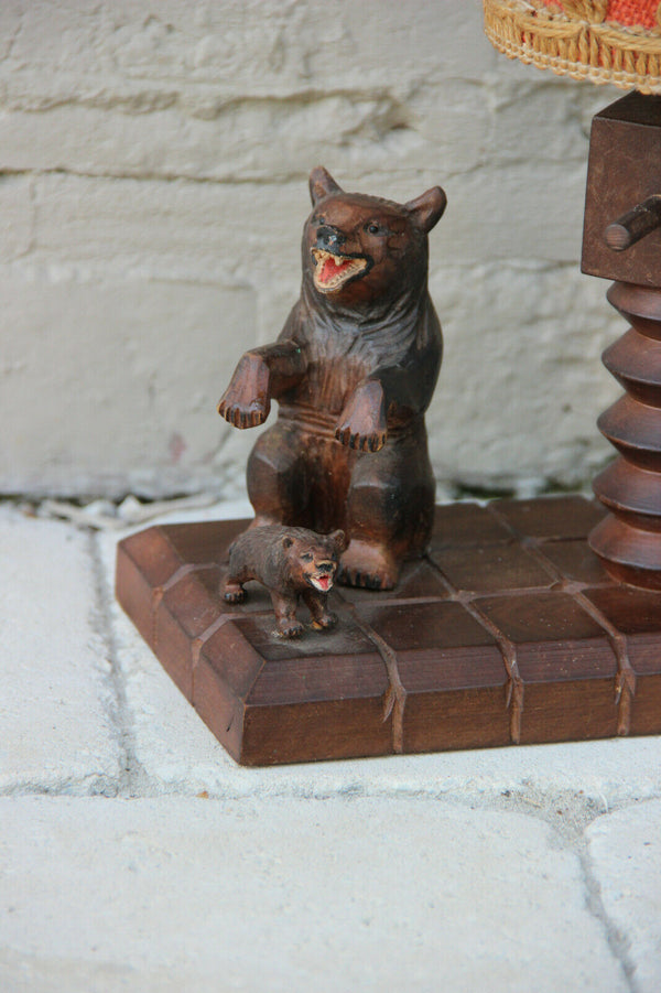 Antique black Forest Wood carved Bear mom Baby Table lamp German 1920s