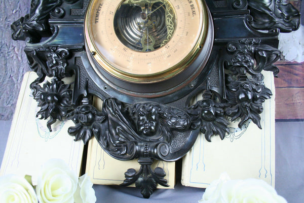 Rare Art nouveau design metal carved lady putti wings barometer German