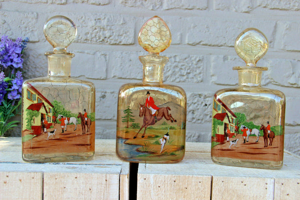 Set 3 Vintage hunting horse dogs perfume flacon Bottle Glass