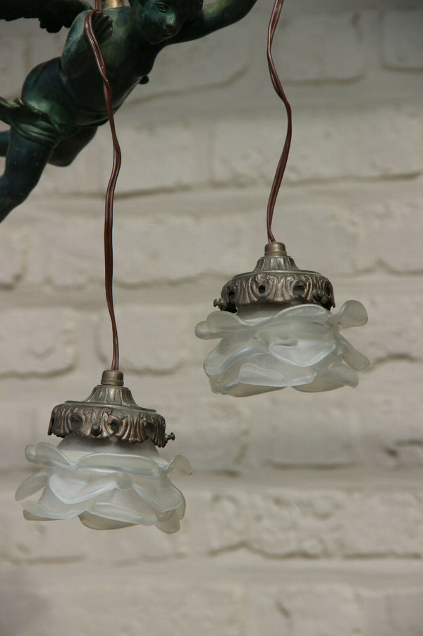 Antique French Bronze green patina putti angel chandelier pendant tulip glass