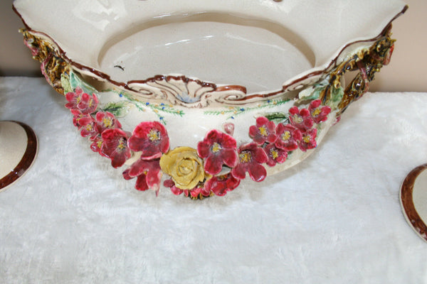 Huge Mantle set Barbotine majolica Garniture vases centerpiece set 1900 French