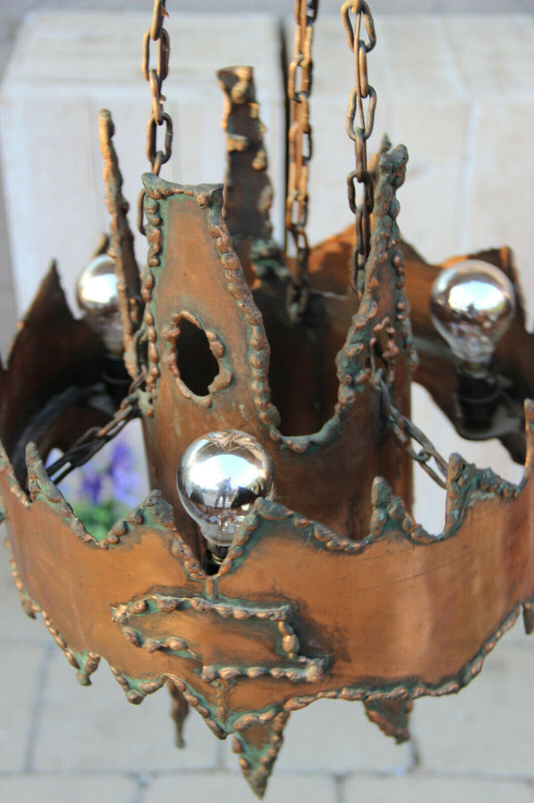 Rare Brutalist Mid century 1970 copper Brass torch Cut Chandelier attr. Greene