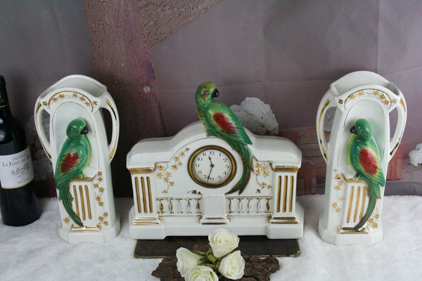 ART DECO 1930 Belgian Faience porcelain Parrot birds Vases clock set marked