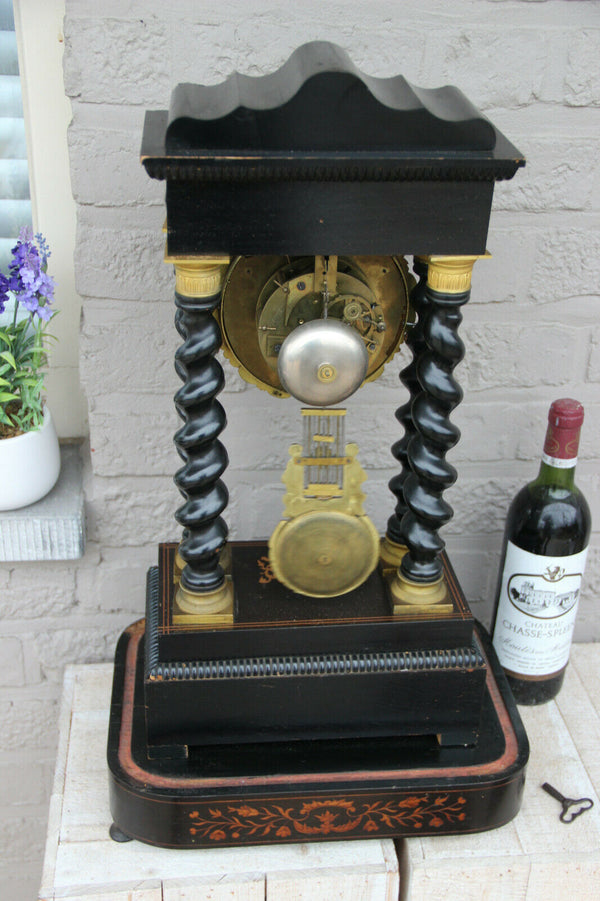 Huge antique wood carved inlaid barley twist column Clock putti angel