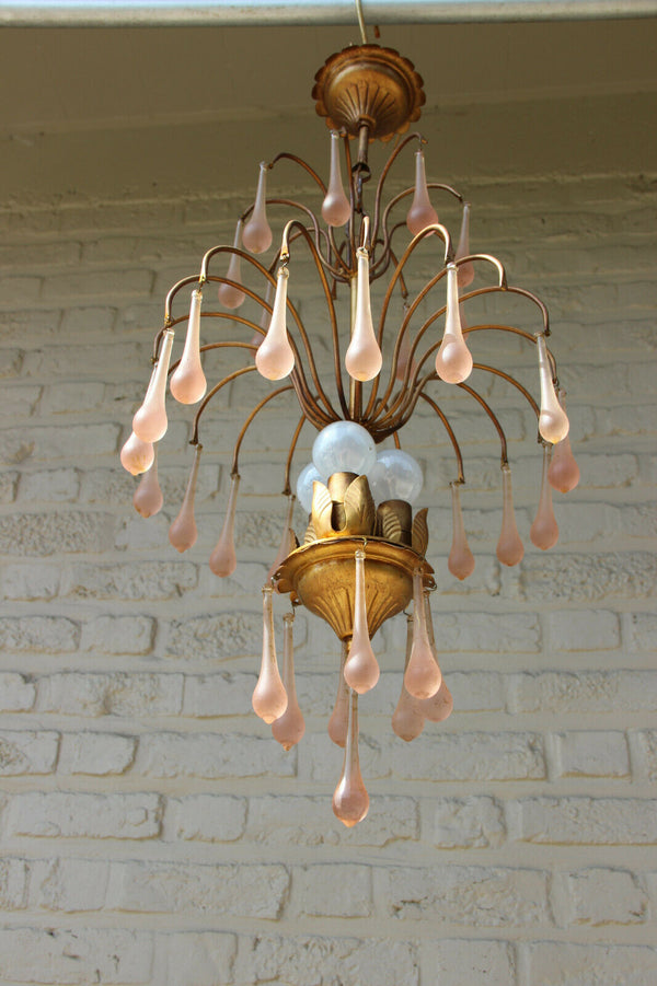 Vintage Italian 1960 metal gold gilt Muranp pink drops chandelier