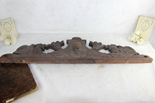 French antique wood carved dragon griffin pediment cabinet fronton gothic