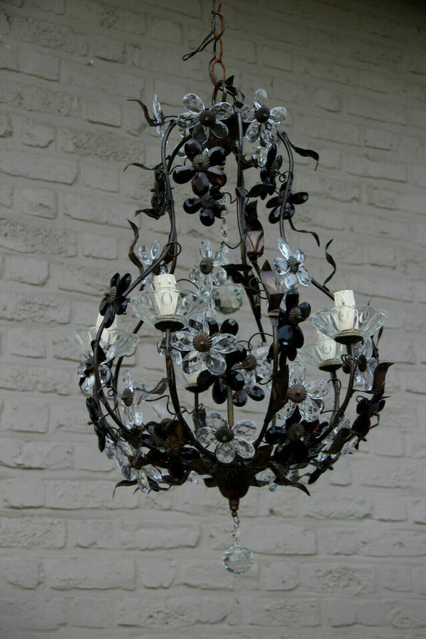 Vintage French metal Glass daisy flower Chandelier lamp attr MAISON BAGUES 1970