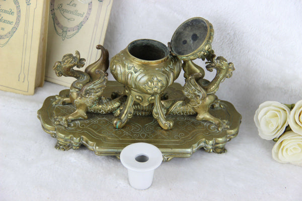 French antique bronze dragons gothic inkwell desk