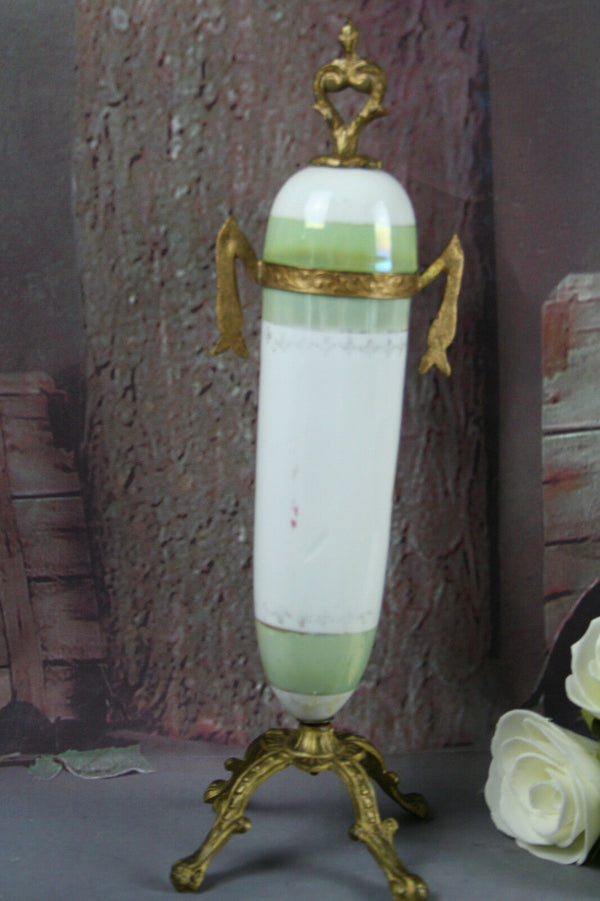 French porcelain VTG Green romantic victorian scene brass base