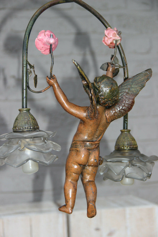 Antique French Spelter bronze putti angel Chandelier pendant porcelain flower