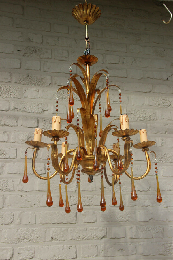 Hollywood regency mid century Maison jansen Floral metal chandelier murano drops
