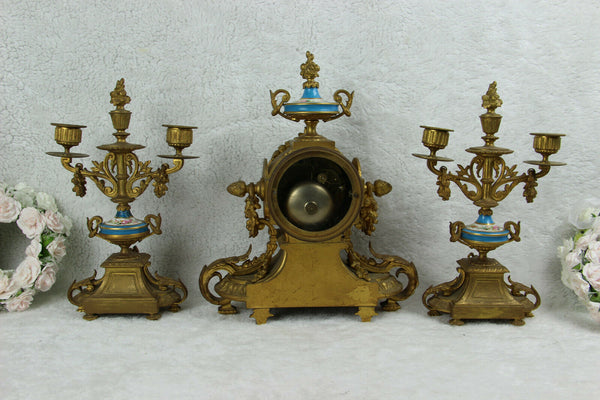 Antique 1860 SEVRES porcelain putti floral plaques clock set candlelabras