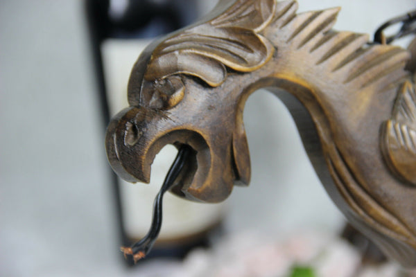 Vintage French Castle gothic 4 Dragon arms Wood carved chandelier pendant