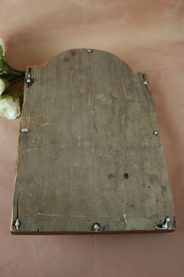 French 19th c HOLY water FONT vessel Wood frame font on velvet biscuit french