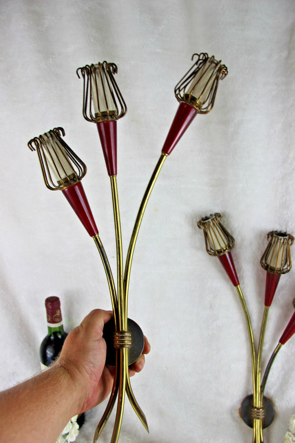 PAIR mid century MAISON LUNEL Wall lights sconces 1970 brass bakelite red retro