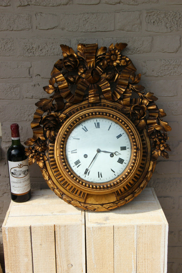 HUGE Antique black forest  Wood carved Wall clock Floral decor rare