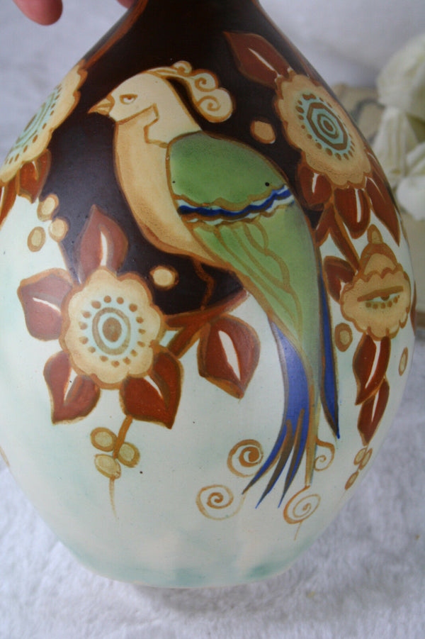 Rare Boch Freres Keramis Catteau Art deco Belgian Vase parrot birds D2781