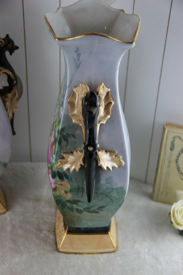 Antique PAIR XL Vieux paris porcelain Dragon gothic Floral Vases rare 1900