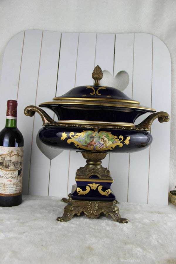 XXL french limoges marked porcelain centerpiece coupe lidded victorian scene