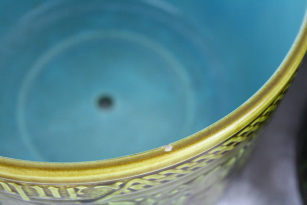 PAIR French Sarreguemis mark barbotine pottery planter with escutcheons