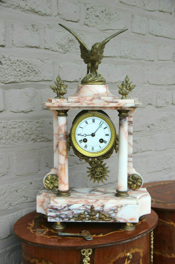 Antique parisian Marble Bronze eagle column mantel clock