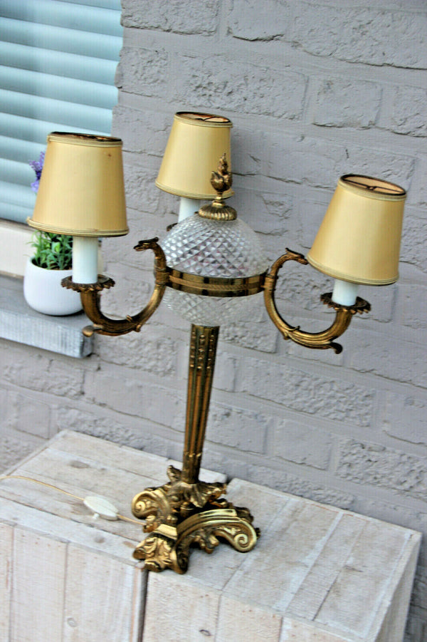 LARGE French antique empire bronze swan 3 arm Lamp glass globe lion paws